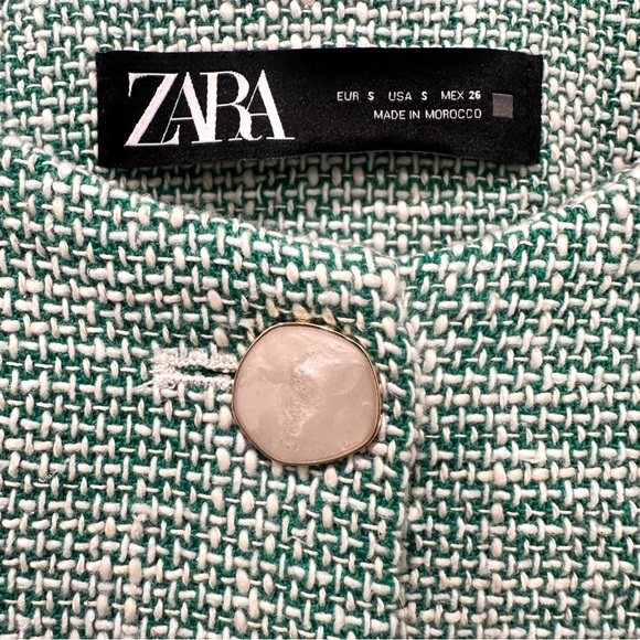 Zara cropped spring blazer pearl buttons green and white cotton blend tweed S - Picture 2 of 6